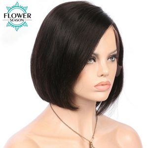 FlowerSeason Brazilian Non-Remy Hair Short Bob Lace Front Wigs Human Hair Silky Straight Natural Color Pre Plucked Hairline