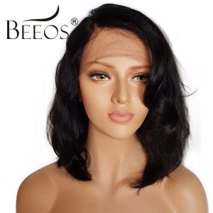 BEEOS Short Lace Front Human Hair Wigs With Baby Hair Non Remy Natural Black Color Brazilian Pre Plucked Lace Wigs Average Cap