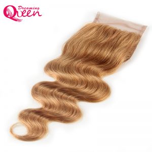 #27 4X4 Body Wave Lace Closure Honey Blonde 100% Brazilian Human Hair Non Remy Hair Closure with Baby Hair Dreaming Queen Hair