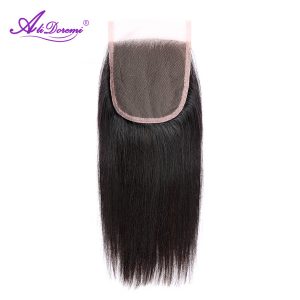 Alidoremi 4x4 Free Part Lace Closure Brazilian Straight Hair 100% Non-Remy Human Hair Natural Color Free Shipping