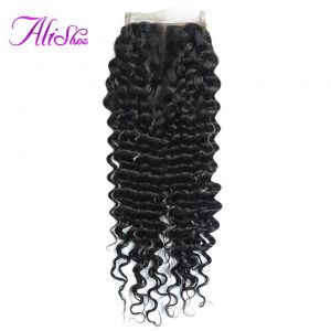 Alishes Brazilian Deep Wave Hair Closure Middle Part Non Remy Human Hair Closure 130% Density Swiss Lace Closure Bleached Knots