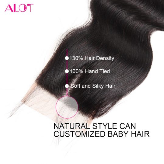 ALOT HAIR Brazilian Body Wave Middle Part Lace Closure Non-Remy Human Hair With Baby hair 130% Density Can Be Dyed And Bleached