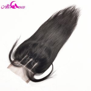 Ali Coco Hair Brazilian Straight Hair Lace Closure 4x4 Three Part Closure With Baby Hair Non-Remy 100% Human Hair