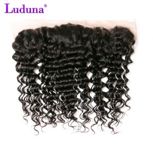 Luduna Brazilian Deep Wave 13x4 Lace Frontal Closure With Baby Hair 100% Non-remy Human Hair Weave Natural Black Free Shipping