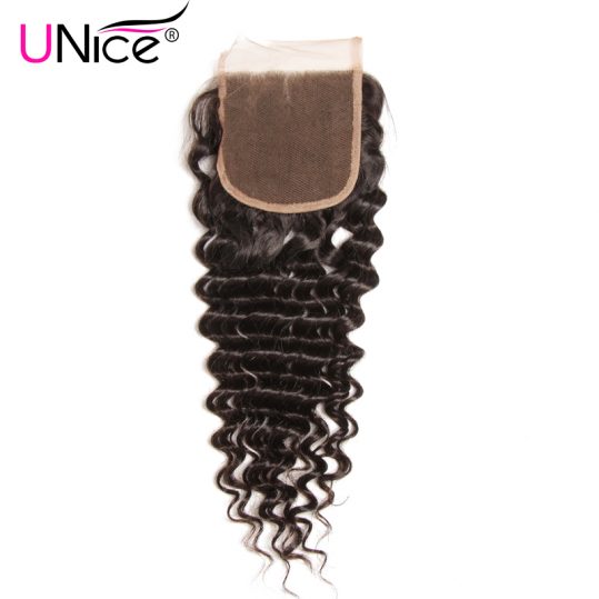 Unice Hair Brazilian Deep Wave Lace Closure 10-20 Inch Free Part 4x4 Swiss Lace Human Hair Non-Remy Hair Free Shipping