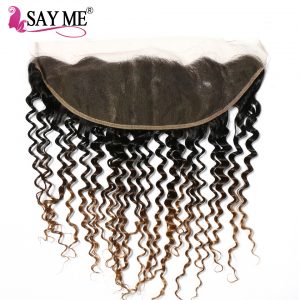 SAY ME Pre Plucked Lace Frontal Closure Brazilian Deep Wave 13*4 Ear To Ear Non Remy Three Tone Human Hair Ombre Blonde 1B/4/27