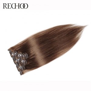 Rechoo #8 Light Brown Brazilian Non-remy Straight Clips In Human Hair Clip In Extensions 7Pcs/Set 100 Gram Full Head Set