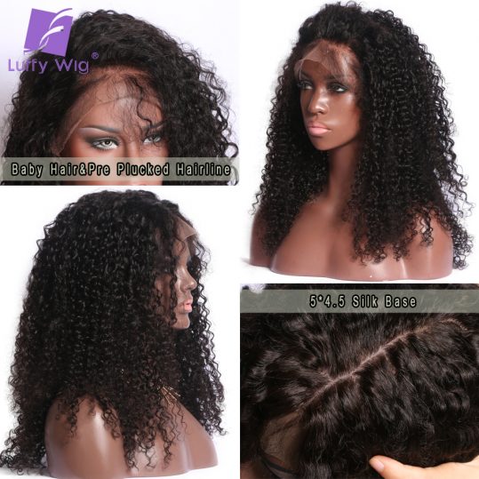 Luffy Kinky Curly 5*4.5 Silk Base Full Lace Wigs Pre Plucked Brazilian Human Hair 14-24'' 130%density Non-remy for Black Women