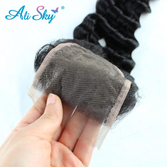 Ali Sky 100% Human Hair Extensions Brazilian Hair Deep Wave Lace Frontal Closure 8-20 Inch 4*4 Free Part nonremy