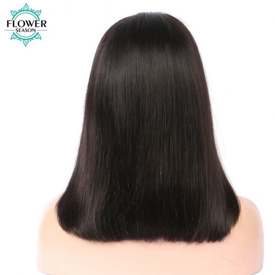 FlowerSeason 130% Density Brazilian Non-Remy Lace Front Human Hair Wigs with Bangs Pre Plucked Silky Straight for Black Women