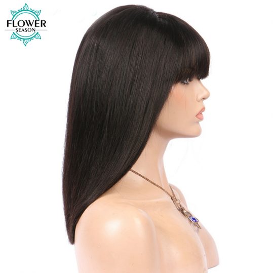 FlowerSeason 130% Density Brazilian Non-Remy Lace Front Human Hair Wigs with Bangs Pre Plucked Silky Straight for Black Women