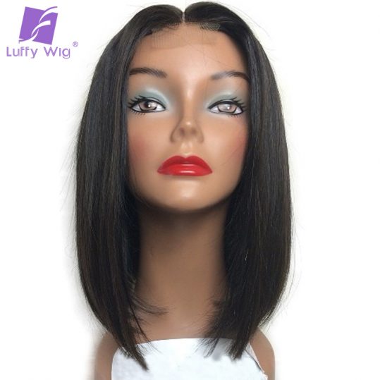 Luffy Non-remy Brazilian Straight Silk Base Full Lace Human Hair Wigs Short Bob Natural Color 8-12'' 130%density for Black Women