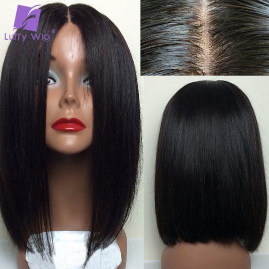 Luffy Non-remy Brazilian Straight Silk Base Full Lace Human Hair Wigs Short Bob Natural Color 8-12'' 130%density for Black Women