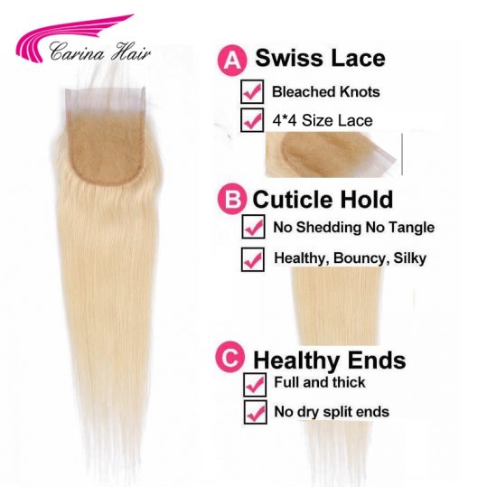 Carina Hair Brazilian Non-Remy Human Hair Pure 613 Blonde Straight Hair Swiss Lace 4*4  Lace Closure With Baby Hair Free Part