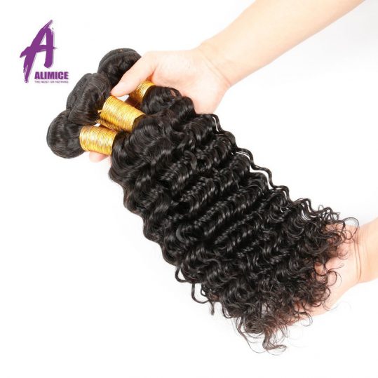 Alimice Deep Wave Brazilian Hair Weave Bundles Non Remy Hair Extension 100% Human Hair Bundles Natural Color 10-26inch