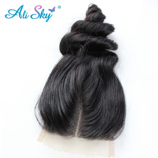 Ali Sky Malaysian nonremy Loose Wave Closure 4x4 Free Part  Human Hair Weaving Swiss Lace Medium Brown Can Be Dyed