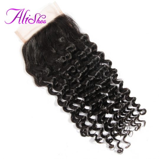 Alishes Hair Malaysian Curly Lace Closure 4*4 Free Part Bleached Knots Non-Remy 100% Human Hair Natural Black Color Can Be Dyed