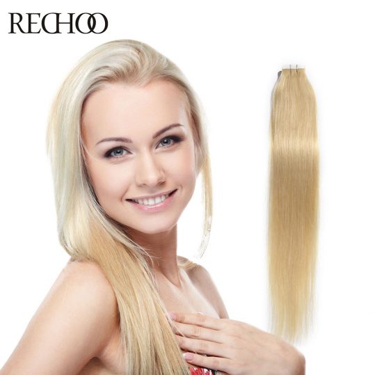 Rechoo Tape In Hair Extension 100% Human Hair #613 Color 50G/Pcs 16 24 Inch Straight Non-Remy Brazilian Hair Tape In Hair