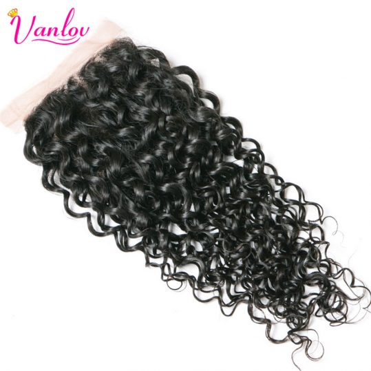 Vanlov Malaysian Water Wave Lace Closure 4x4 Free Part Non Remy 100% Human Hair Weave Natural Black Free Shipping
