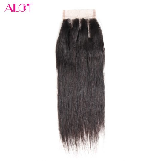 ALOT Hair Straight Lace Closure 4x4 Three Part 100% Human Hair Natural Color 8-18Inch Malaysian Non-Remy Hair With Baby Hair