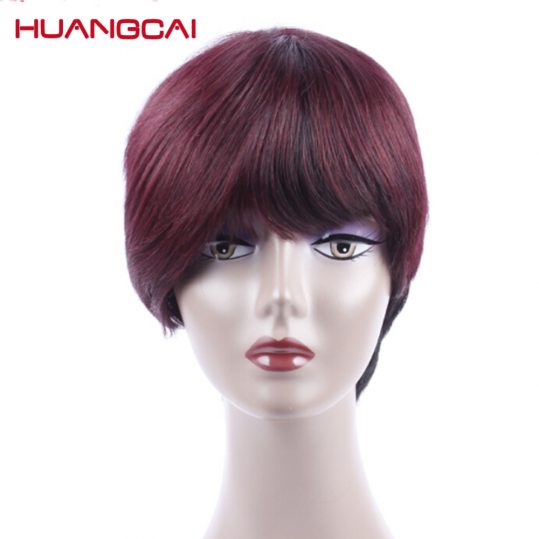 Huangcai short human hair wigs 10 Inch Bob straight for Blcak Women Can be styled natural color and 1b/99j burgundy Non Remy