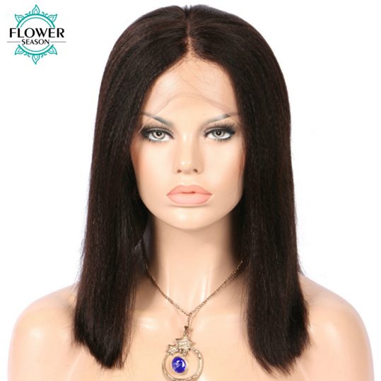 FlowerSeason 130% Yaki Straight Brazilian Non-Remy Short Bob Hair Pre Plucked Natural Hairline Lace Front Wig for Balck Women