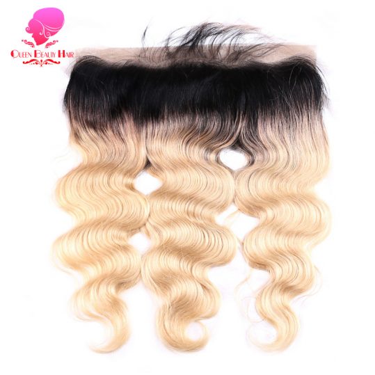 QUEEN BEAUTY Remy Brazilian Hair Body Wave 13*4 1B 613 Two Tone Dark Root Ombre Blonde Lace Frontal Closure Piece with Baby Hair