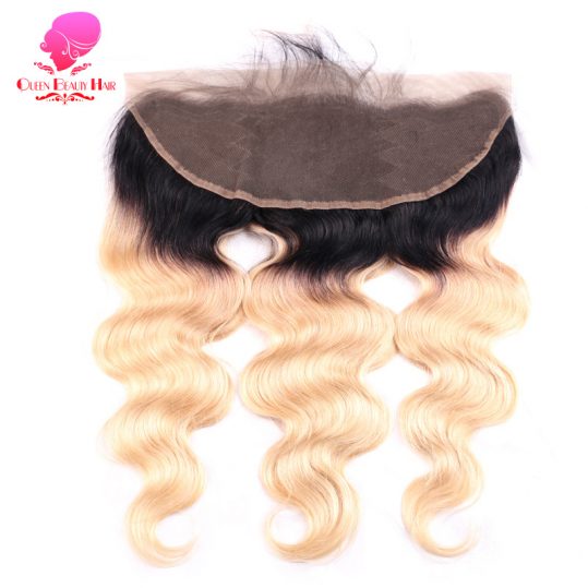 QUEEN BEAUTY Remy Brazilian Hair Body Wave 13*4 1B 613 Two Tone Dark Root Ombre Blonde Lace Frontal Closure Piece with Baby Hair