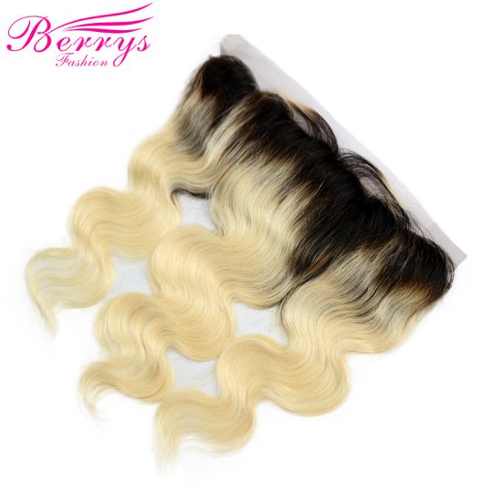 [Berrys Fashion] Lace Frontal Body Wave Ombre Color 1b/613 100% Human Hair Dark Roots Bleached Knots Baby Hair Remy Hair Closure