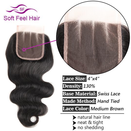 Soft Feel Hair Brazilian Body Wave Closure Three Part 100% Human Hair Natural Color Non Remy Lace Closure Free Shipping 10"-20"