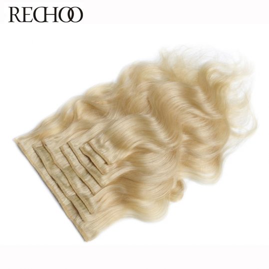Rechoo Peruvian Non-Remy 7pcs Clip In Human Hair Extensions Body Wave Clips In Hair 100 Gram Blonde Color 613 Full Head Set