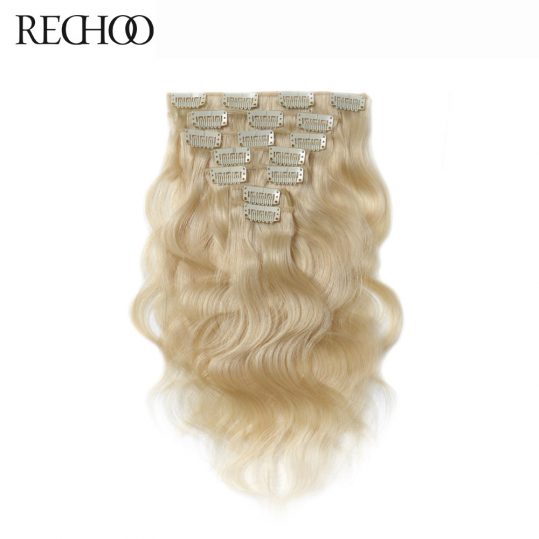 Rechoo Peruvian Non-Remy 7pcs Clip In Human Hair Extensions Body Wave Clips In Hair 100 Gram Blonde Color 613 Full Head Set