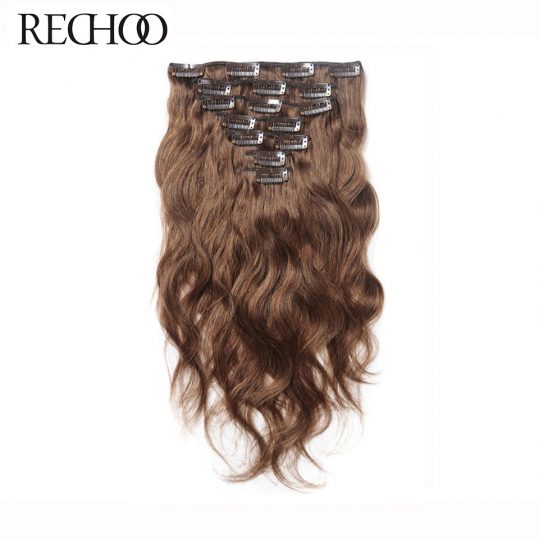 Rechoo Body Wave Human Hair Clip In Extensions Full Head Set 16-26 Inches Peruvian Non-remy Hair Clips 7 Pcs Brown 100 Gram