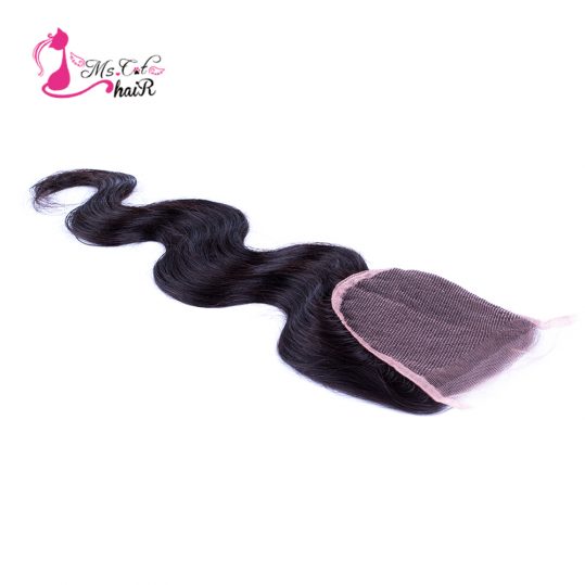 Ms Cat Hair Malaysian Body Wave Lace Closure Free Part 4X4 Natural Color Non Remy Hair Closure 100% Human Hair