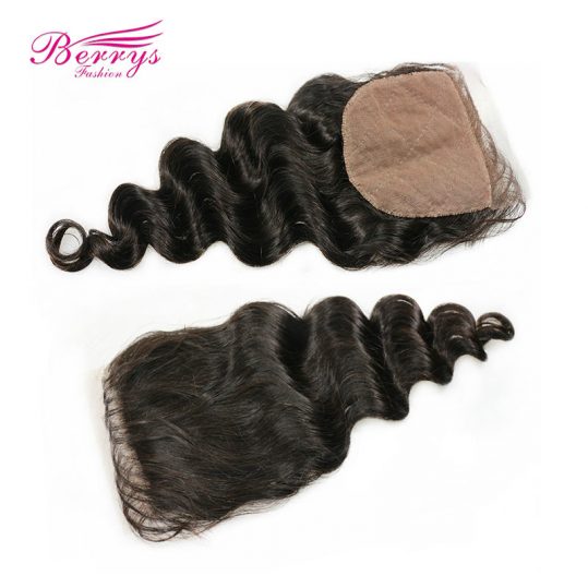 [Berrys Fashion] Loose Wave 4x4 Silk Base Lace Closure Peruvian Human Hair Extensions with Baby Hair Medium Brown Remy Hair