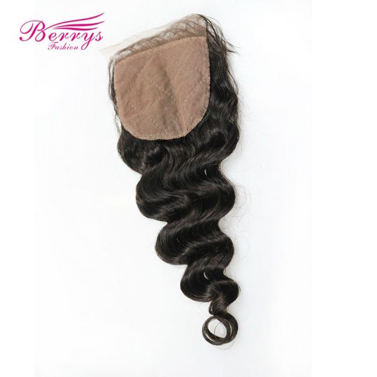 [Berrys Fashion] Loose Wave 4x4 Silk Base Lace Closure Peruvian Human Hair Extensions with Baby Hair Medium Brown Remy Hair