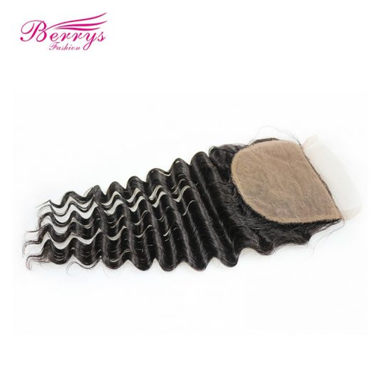 [Berrys Fashion] Brazilian Deep Wave Silk Base Lace Closure 4x4 Human Hair Extensions Remy Hair Bundles Closure with Baby Hair
