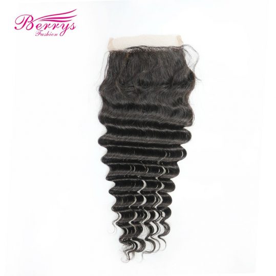 [Berrys Fashion] Brazilian Deep Wave Silk Base Lace Closure 4x4 Human Hair Extensions Remy Hair Bundles Closure with Baby Hair