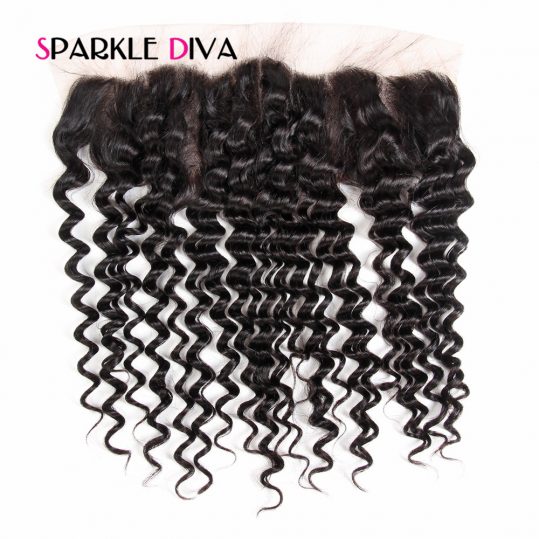 [SPARKLE DIVA HAIR] Brazilian Remy Hair Lace Frontal Closure Deep Wave 13x4 Ear To Ear Human hair With Baby Hair Free Part 8-18"