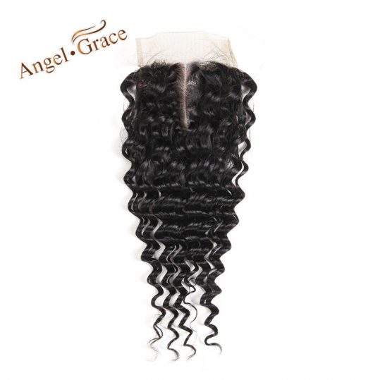 [ANGEL GRACE HAIR] Deep Wave Lace Closure Hair 100% Brazilian Remy Human Hair Swiss Lace Natural Color Middle Part 10-22 Inch