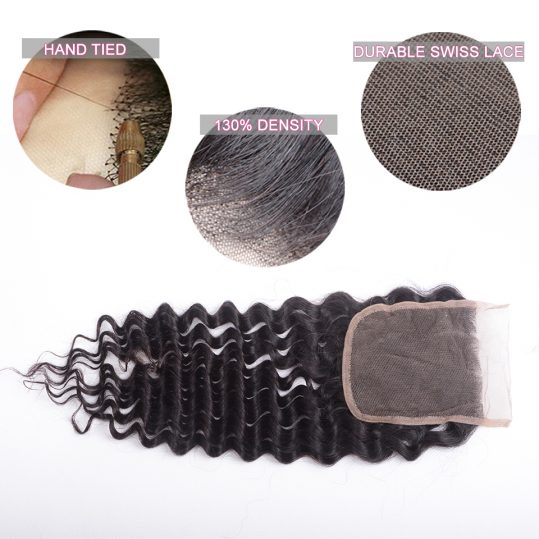 Beauty Grace Remy Hair Brazilian Deep Wave Lace Closure Free Part 4x4 Natural Color 100% Human Hair Top Closures 10-16 Inch