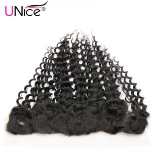 Unice Hair Brazilian Deep Wave Lace Frontal Closure 13*4 Ear To Ear Pre Plucked 100% Human Hair Closure Non Remy Hair