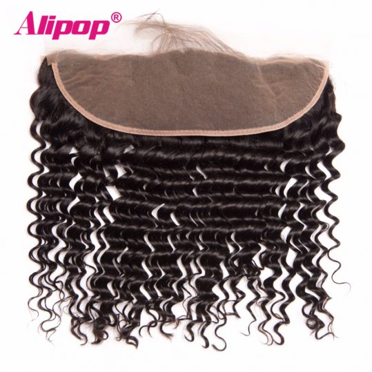 ALIPOP Peruvian Deep Wave Lace Frontal Closure With Baby Hair 8"-24" Pre Plucked Natural Hairline Non Remy Human Hair Bundles