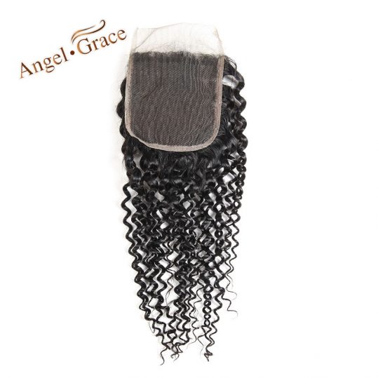 ANGEL GRACE Hair Brazilian Kinky Curly Closure Free Part 100% Human Hair Hand Tied Lace Closure Natural Color Remy Hair