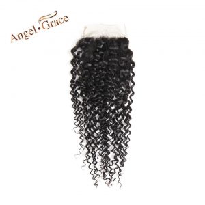 ANGEL GRACE Hair Brazilian Kinky Curly Closure Free Part 100% Human Hair Hand Tied Lace Closure Natural Color Remy Hair