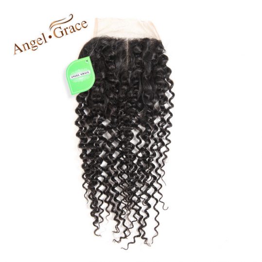 ANGEL GRACE HAIR Middle Part Brazilian Kinky Curly Lace Closure 4x4 Swiss Lace 120% Density 10-22 Inch Remy Hair Free Shipping