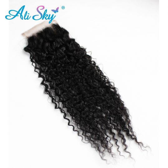Ali Sky Peruvian Nonremy Kinky Curly Closure 4x4  black color Human Hair Medium Brown Swiss Lace Can Be Dyed
