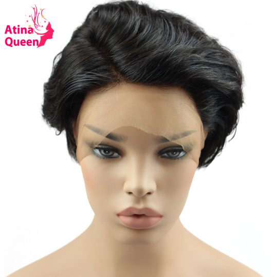 Atina Queen Short Cut Glueless Full Lace Human Hair Wigs for Black Women Brazilian Virgin Hair Wavy Bob Wig Natural Hairline