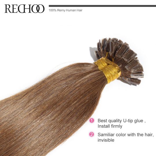 Rechoo 1g/strand Nail U Tip Pre-Bonded Keratin Glue Non-Remy Natural Hair Extensions 100 strands 18inch-26inch Real Human Hair