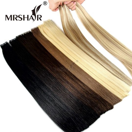 MRSHAIR Double Drawn Tape In Human Hair Extensions Hair Remy Straight Bundles Weave On Adhesives European Hair Blonde 20pcs